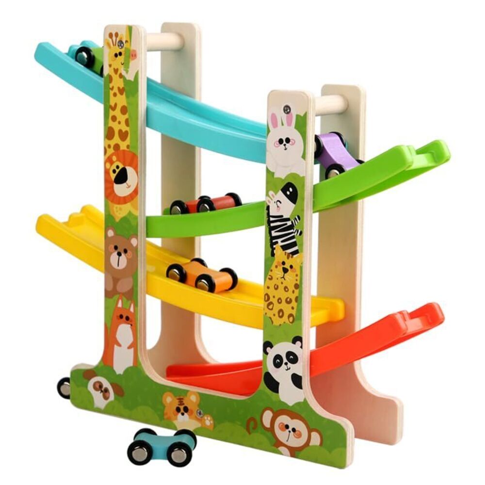 Wooden Car Ramp Toy for 3 Year Old Boys and Girls 4 Level Toddler Race Track